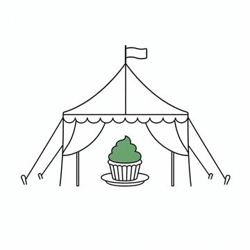 Line illustration: a full wedding marquee with poles, swagged sides and guy ropes pegged down, pitched over one cupcake on a saucer, the cupcake the accent colour