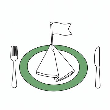 Line illustration: a formal place setting whose linen napkin has been folded into a small blank white flag of truce on a cocktail stick, planted upright in the middle of the charger plate, the charger plate the accent colour