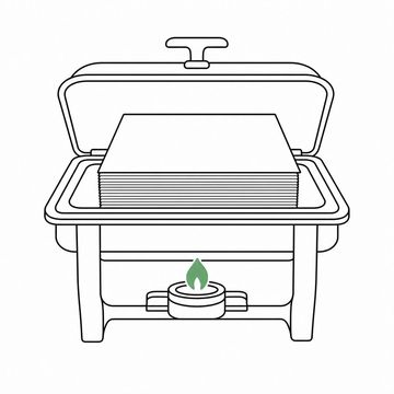 Line illustration: a catering chafing dish with its domed lid raised to show a neat stack of blank unprinted paperwork in the water bath where the food should be, the burner flame beneath it the accent colour