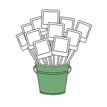 Line illustration: a florist's zinc bucket packed with a fanned spray of blank unprinted instant photographs arranged like a bouquet instead of flowers, the bucket the accent colour