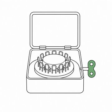 Line illustration: an open wind-up music box with a miniature round banquet table and its ring of chairs revolving on the turntable, the box itself entirely unlettered, the winding key the accent colour