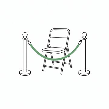 Line illustration: two velvet-rope stanchions, bare and unlettered, cordoning off one ordinary folding banquet chair, the velvet rope the accent colour
