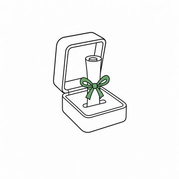 Line illustration: a small hinged velvet ring box propped open on a table holding one tightly rolled, ribbon-tied contract standing where the ring should sit, the paper entirely blank with no lettering or numbers, the ribbon the accent colour