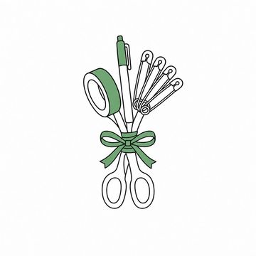 Line illustration: a bridal bouquet gathered and bound with ribbon in which the stems are a pair of shears, a roll of gaffer tape, a stain pen and a fan of safety pins instead of flowers, every piece bare and unlettered, the binding ribbon the accent colour