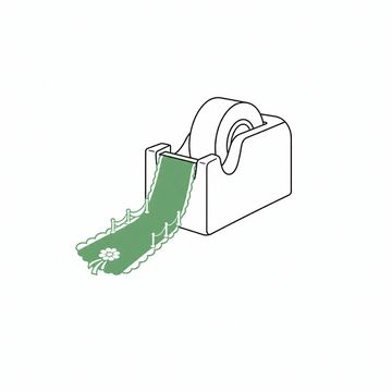 Line illustration: a bridal aisle runner spooling out of an ordinary desktop tape dispenser with only the first short stretch unrolled across the surface, the dispenser plain and unlettered, the runner the accent colour