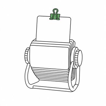 Line illustration: an oversized rotary card file with every card completely blank, one single card already flipped upright and standing proud of the rest with a small bulldog clip pinching it in place, no writing, letters or numbers on any card, the bulldog clip the accent colour
