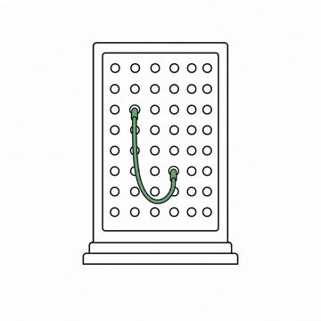 Line illustration: an old telephone switchboard patch panel standing upright, every jack socket blank and empty except for two short patch cords looped neatly between them, the panel face bare with no labels, numbers or lettering of any kind, the two patch cords the accent colour