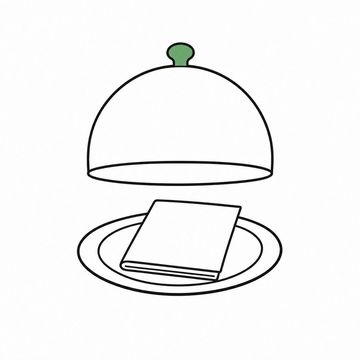 Line illustration: a domed silver serving cloche raised a hand's width above its tray to reveal a single crisply folded document where the plate of food should be, the document blank with no lettering or numerals, the cloche handle the accent colour