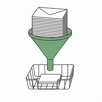 Line illustration: a large kitchen funnel standing over a wire letter tray with a tall stack of blank envelopes fed into its wide mouth and one small blank index card lying in the tray beneath the spout, no lettering, numbers or postage marks anywhere, the funnel the accent colour