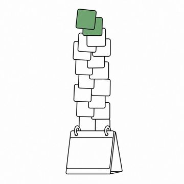 Line illustration: a desk calendar block whose day tiles have lifted out and stacked into an interlocking tower twice its height, every tile completely blank with no lettering, numbers or grid lines of any kind, the two topmost tiles the accent colour