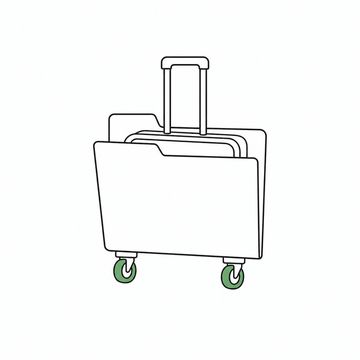 Line illustration: a wheeled cabin suitcase pressed flat and filed inside an open manila folder with only its telescopic handle and its wheels protruding, no luggage tags, lettering or numbers anywhere, the suitcase wheels the accent colour
