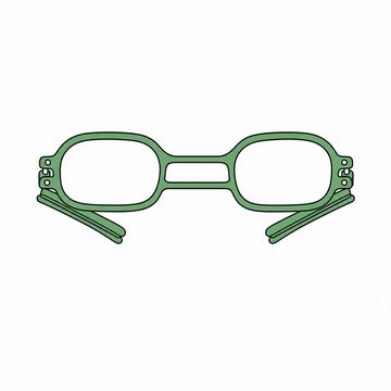 Line illustration: a single pair of spectacles built with two bridges and four folding arms so that two people could wear them at once, resting folded on a bare desk with nothing else in the frame and no lettering or numbers anywhere, the frames the accent colour
