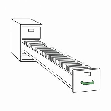 Line illustration: an office filing cabinet with a single drawer pulled out to five times the depth of the cabinet itself, packed end to end with blank index cards and blank folder tabs, no lettering or numbers anywhere, the drawer handle the accent colour