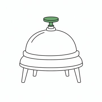 Line illustration: a brass reception desk bell scaled up to the size of an armchair, its plunger worn smooth, no engraving, lettering or numbers anywhere on it, the plunger the accent colour