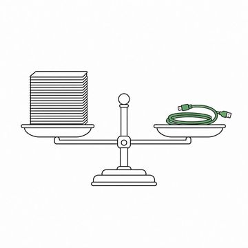 Line illustration: a two-pan brass letter scale sitting perfectly level, one pan holding a tall stack of blank paper and the other a single coiled charging cable, the pans, beam and column unmarked with no numerals, graduations or lettering anywhere, the charging cable the accent colour