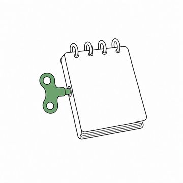 Line illustration: a ring-bound desk diary lying shut with a large brass clockwork winding key set into its spine, the cover completely blank with no lettering, dates or numbers on it, the winding key the accent colour