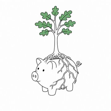 Line illustration: a ceramic piggy bank standing on bare ground with a young oak sapling already grown up out of its coin slot and its roots wrapped down around the bank, no lettering or numerals anywhere on the bank, the sapling's leaves the accent colour