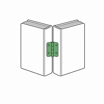 Line illustration: two heavy hardbound ledgers standing upright side by side and joined along their spines by a single brass door hinge so they swing open like one book, covers and spines completely blank with no lettering, numbers or markings anywhere, the hinge the accent colour