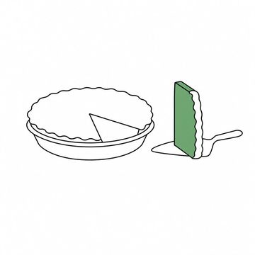 Line illustration: a plain metal pie dish resting on a desk with one wedge cut clean out of the pie and stood upright on a cake server beside it, the crust and dish smooth and unmarked with no lettering or numerals, the upright wedge the accent colour