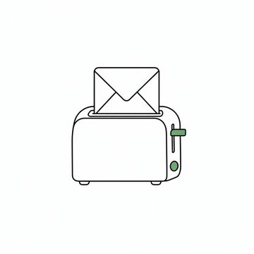 Line illustration: a domestic pop-up toaster standing on a desk with a single sealed envelope sprung upright out of its slot like a slice of toast, the envelope completely blank on both sides with no letters or numbers, the toaster the accent colour