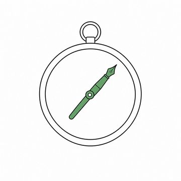 Line illustration: a wall barometer the size of a dinner plate whose pointer has been replaced by a fountain pen, its dial face entirely blank with no numbers, letters or markings on it, the fountain pen the accent colour