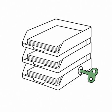 Line illustration: a stack of three wire office letter trays filled with blank unmarked paper, an oversized brass clockwork winding key set into the side of the bottom tray, the winding key the accent colour