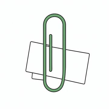 Line illustration: a brass paper clip many times larger than it ought to be, clamping together two small business cards that are entirely blank with no letters or numbers on them, the paper clip the accent colour