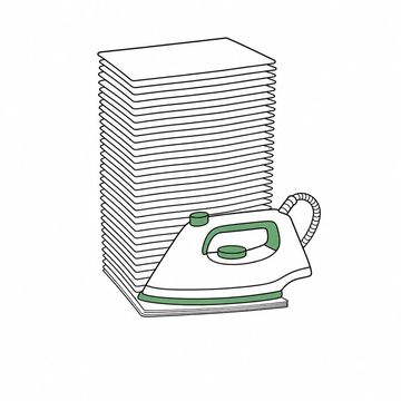 Line illustration: a stack of loose documents taller than the appliance beside it, pressed down by a domestic steam iron until the bottom of the stack is a single thin wafer, every sheet blank with no letters or numbers, the steam iron the accent colour