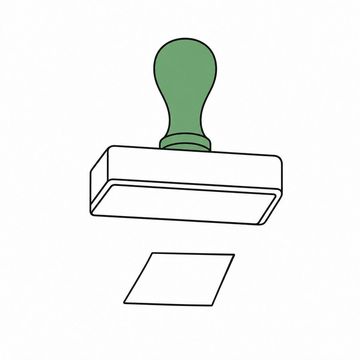 Line illustration: an office rubber stamp several times the size of the small sheet of paper it is poised above, its rubber underside completely blank with no letters, numbers or marks cut into it, the stamp's wooden handle the accent colour