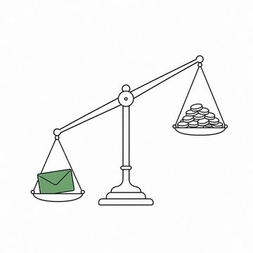 Line illustration: a brass two-pan balance scale tipped hard over, one sealed envelope on the low pan outweighing a heaped mound of plain unmarked coins on the high pan, the envelope bare with no lettering, stamps or numbering, the envelope the accent colour