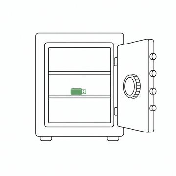 Line illustration: a heavy floor safe with its thick door swung wide to show bare empty shelves but for one small memory stick lying alone in the middle of them, the dial and door plain with no numerals, letters or maker's marks, the memory stick the accent colour