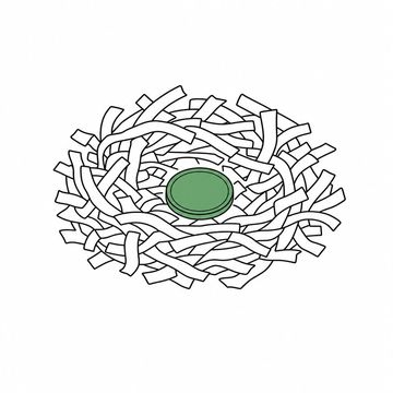 Line illustration: an untidy bird's nest woven entirely from shredded office paper sitting on a bare surface with one single coin lying in the middle of it, the coin's faces rubbed completely smooth with no lettering, numerals or portrait, the coin the accent colour