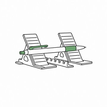 Line illustration: a pair of sprinter's starting blocks standing alone on a bare floor with an outsized ballpoint pen lying across the footplates as though set to launch out of them, everything plain and unmarked with no lettering or numerals anywhere, the pen the accent colour