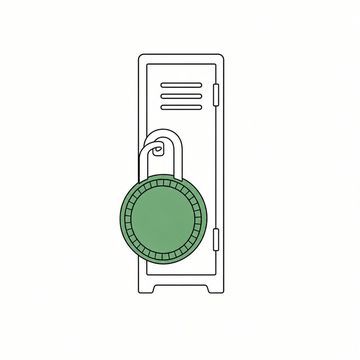 Line illustration: a single closed gym locker fitted with a combination padlock considerably larger than the locker itself, the padlock's dial entirely blank with no numerals or lettering anywhere, the padlock the accent colour