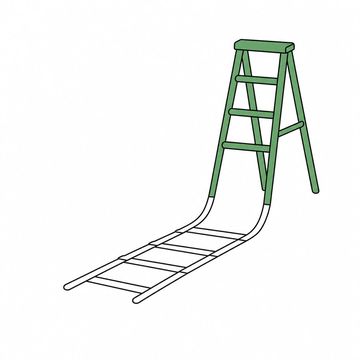 Line illustration: a flat agility ladder unrolled across the floor whose far end rises up and stiffens into a standing wooden stepladder, both parts plain and unmarked with no lettering or numerals, the stepladder the accent colour