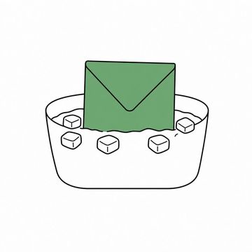 Line illustration: a plain sealed envelope standing upright in a tub of ice water with ice cubes floating around it, the envelope blank and unaddressed with no lettering or numerals on it, the envelope the accent colour