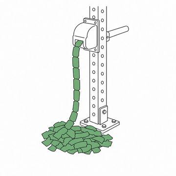 Line illustration: a paper ticket dispenser bolted to the upright of a squat rack, a long ribbon of tickets unspooling from it and pooling in a heap on the floor, every ticket completely blank with no numerals or lettering, the ribbon of tickets the accent colour