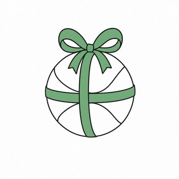 Line illustration: a medicine ball gift-wrapped in ribbon with a neat bow tied on top, sitting by itself on a gym floor, no lettering or markings anywhere on ball, ribbon or bow, the ribbon and bow the accent colour