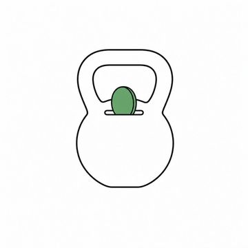 Line illustration: a cast-iron kettlebell with a coin slot cut into the top of its bell and one coin standing half-inserted in the slot, both kettlebell and coin entirely blank with no numerals or lettering, the coin the accent colour