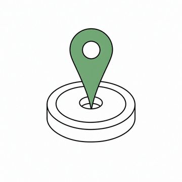 Line illustration: an oversized map pin driven point-first through the centre hole of a rubber weight plate lying flat on the floor so that it stands upright, the plate unmarked with no numerals or lettering, the head of the map pin the accent colour