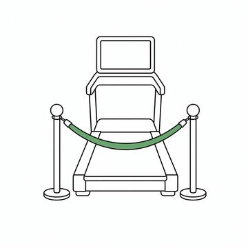 Line illustration: a treadmill with a velvet rope barrier slung between two chrome posts across the front of its running belt, the machine's console entirely blank with no numerals, buttons or lettering, the velvet rope the accent colour