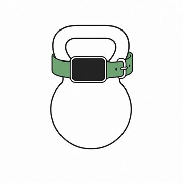 Line illustration: a cast-iron kettlebell with a fitness tracker buckled tightly around its handle like a wristwatch, the tracker's face dark and completely blank with no numerals, icons or lettering and no markings on the kettlebell, the tracker strap the accent colour