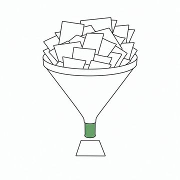 Line illustration: an enormous kitchen funnel standing mouth-up on the floor and crammed with plain blank sheets of paper going in at its wide top, one single sheet already lying neatly on the floor beneath its spout, no writing or lettering on any sheet, the funnel's spout the accent colour