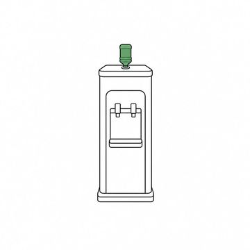 Line illustration: an office water cooler standing on its base with an upturned water bottle no bigger than a thimble seated in its neck, cooler and bottle entirely plain with no labels, lettering or numbers anywhere, the tiny bottle the accent colour