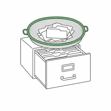 Line illustration: a wide flour sieve laid across the open mouth of a steel filing-cabinet drawer with a small heap of identical blank index cards caught on its mesh, every card, tab and drawer front bare of lettering or numbers, the sieve rim the accent colour
