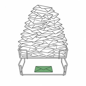 Line illustration: a wire desk in-tray heaped with a tottering mountain of sealed envelopes above an out-tray holding one solitary envelope, every envelope completely blank with no lettering, numbers or markings, the single envelope in the out-tray the accent colour