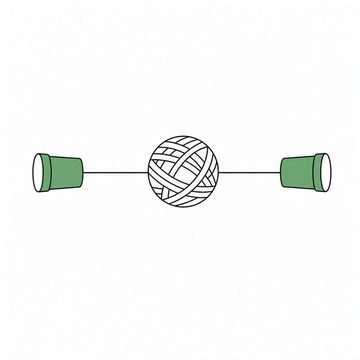 Line illustration: two small paper cups joined by a taut string that is wound into a ball the size of a beach ball halfway along its length, nothing else in the frame and no lettering or markings anywhere, both paper cups the accent colour
