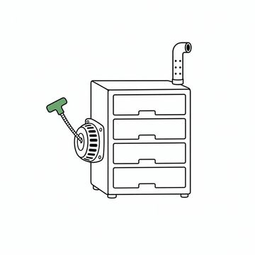 Line illustration: a squat four-drawer steel filing cabinet fitted with a lawnmower pull-start cord and a short exhaust pipe, the drawer fronts entirely bare with no lettering, numbers or markings on them, the pull-start handle the accent colour