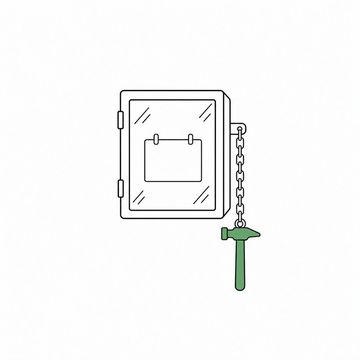 Line illustration: a wall-mounted break-glass emergency case holding one small blank index card, a little hammer hanging beside it on a chain, the case and the card bare with no lettering, numbers or markings of any kind, the hammer the accent colour