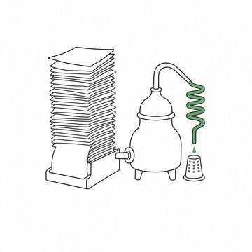 Line illustration: a tall stack of loose blank sheets of paper feeding into a small copper distilling still whose spout drips one single drop into a thimble, the paper entirely blank with no lettering or markings on it, the still's coiled pipe the accent colour